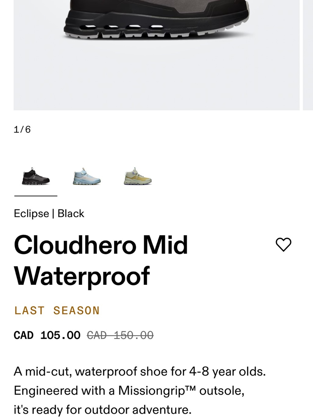 On Running Kids Waterproof Cloudhero Mid Size 12 - Picture 10 of 10